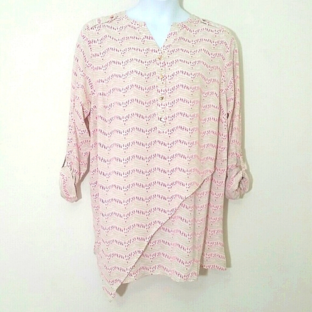 Top tunic White beige Pink Button Tab Roll Up Sleeve Stretchy Classy Lightweight
